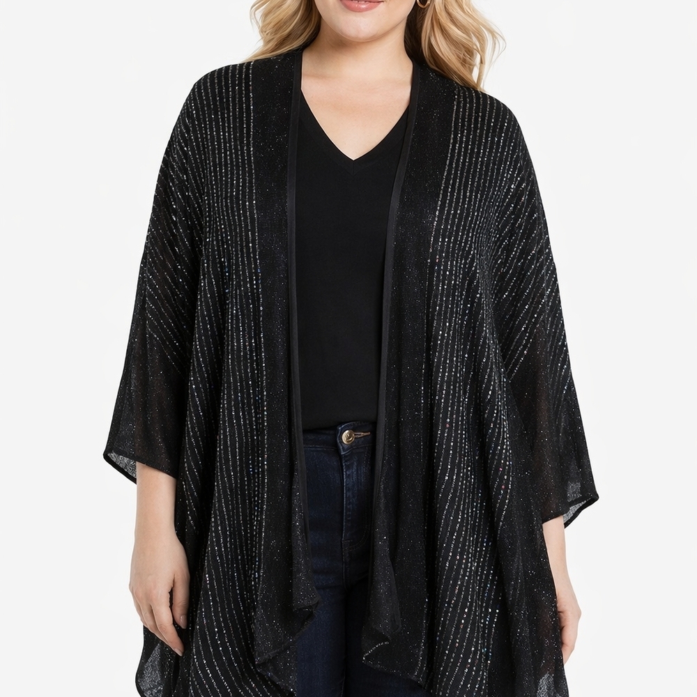 Marc New York Andrew Marc Black Metallic Kimono Cardigan Ruana One Size Shimmer - Picture 2 of 5